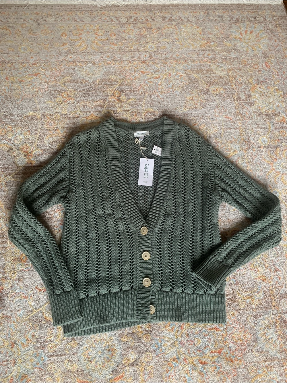 Haven Olive Open-Knit V-Neck Button Cardigan